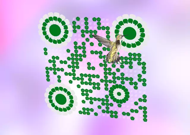 3D QR image made out of flower elements and a hummingbird as logo. Made with a QR generator app