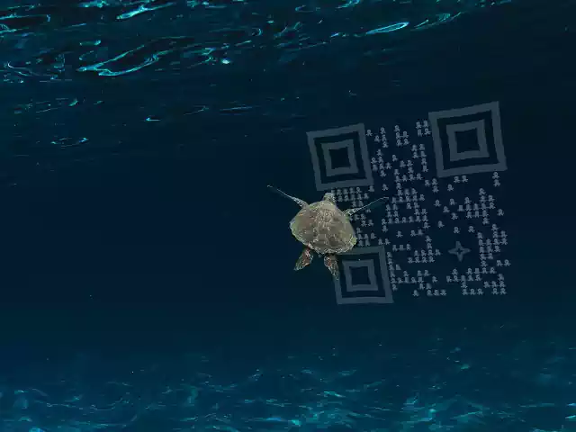 Underwater photo of a sea turtle in front of a custom 3D qr code made out of octopuses, using the online QR Code Lab generator app