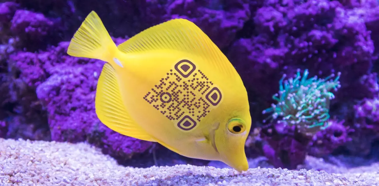 QrcodeLab online qr code generator - qr code image editor - sea theme qr code with yellow sea fish near coral