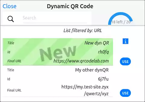 QRcodeLab - online qr generator - dynamic tracking code list panel